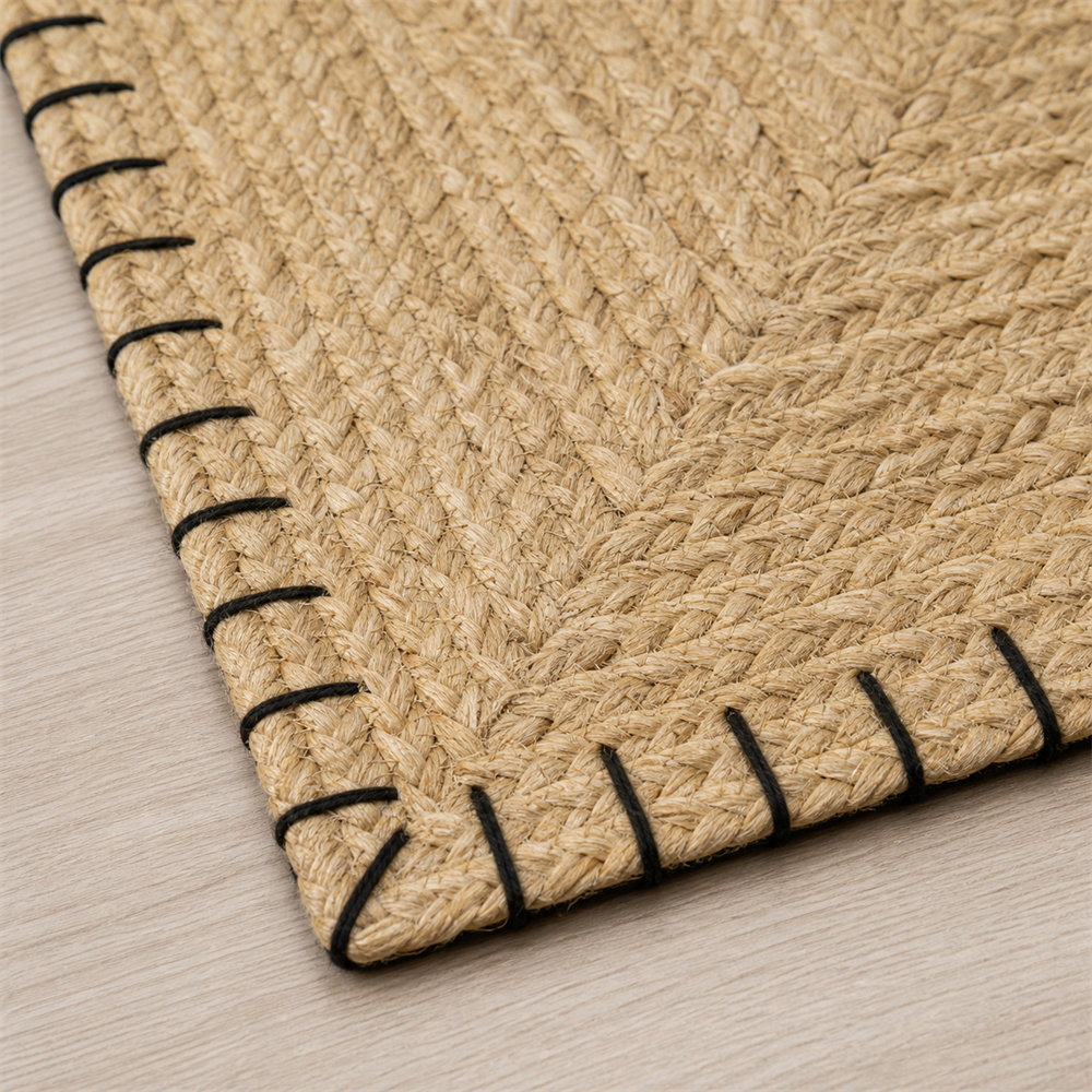 Detalhe de borda e acabamento do Tapete de Juta para Sala com Trama Natural Antiderrapante