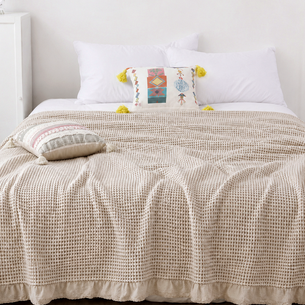 Detalhe visual do Colcha Xadrez Waffle em Algodão para Cama