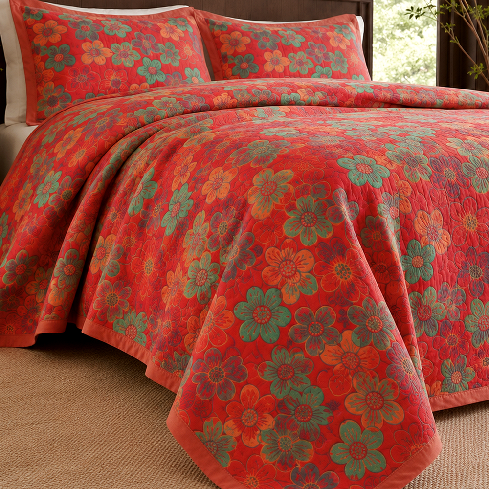 Detalhe visual do Colcha Floral em Musseline de Algodão para Cama King