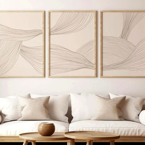 Detalhe visual do Conjunto de Quadros Decorativos Geométricos Bege