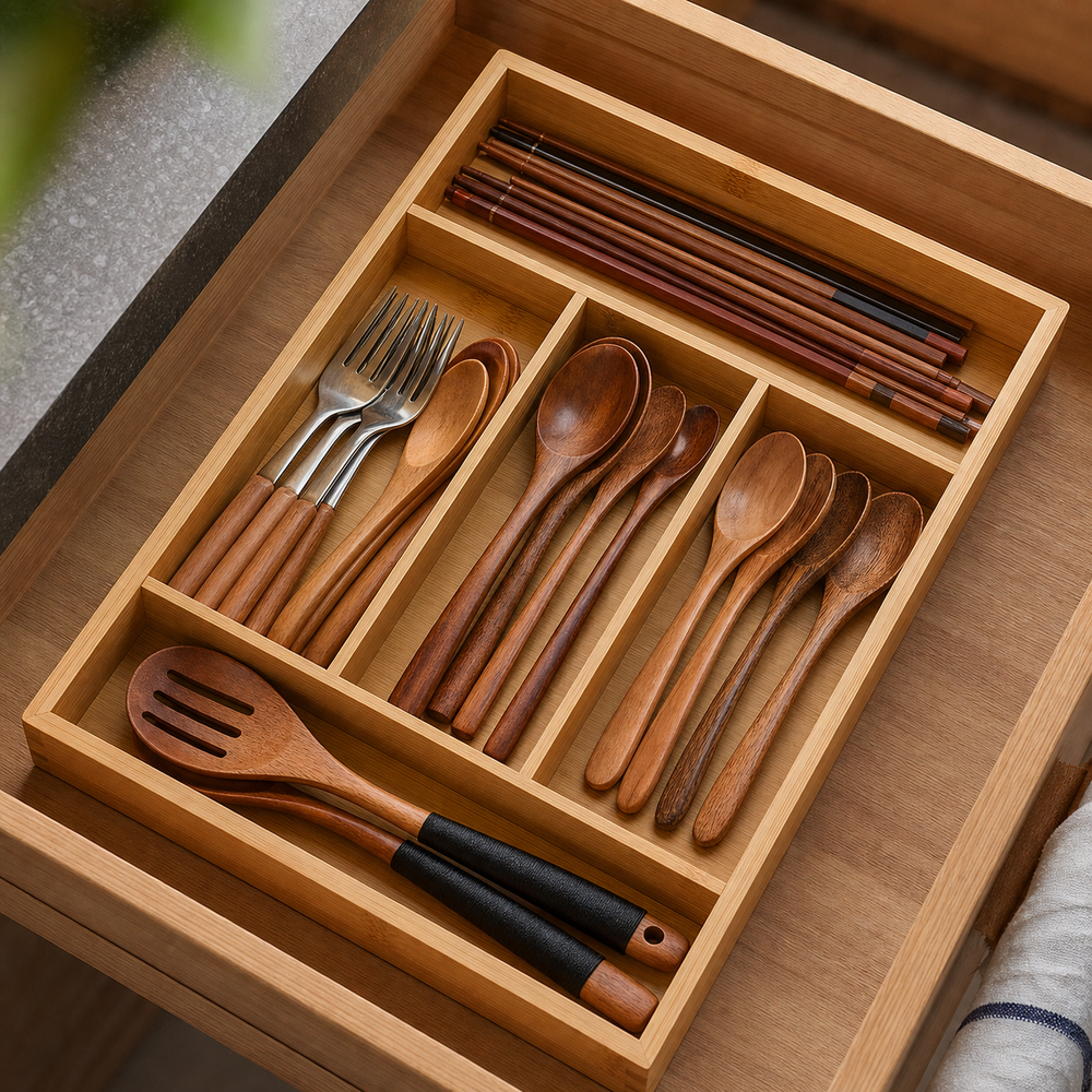 Organizador de Talheres em Bambu para Gaveta - Variacao de uso / composicao organizacional