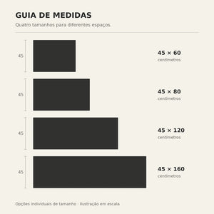 Guia das medidas 45 por 60, 45 por 80, 45 por 120 e 45 por 160 centímetros.