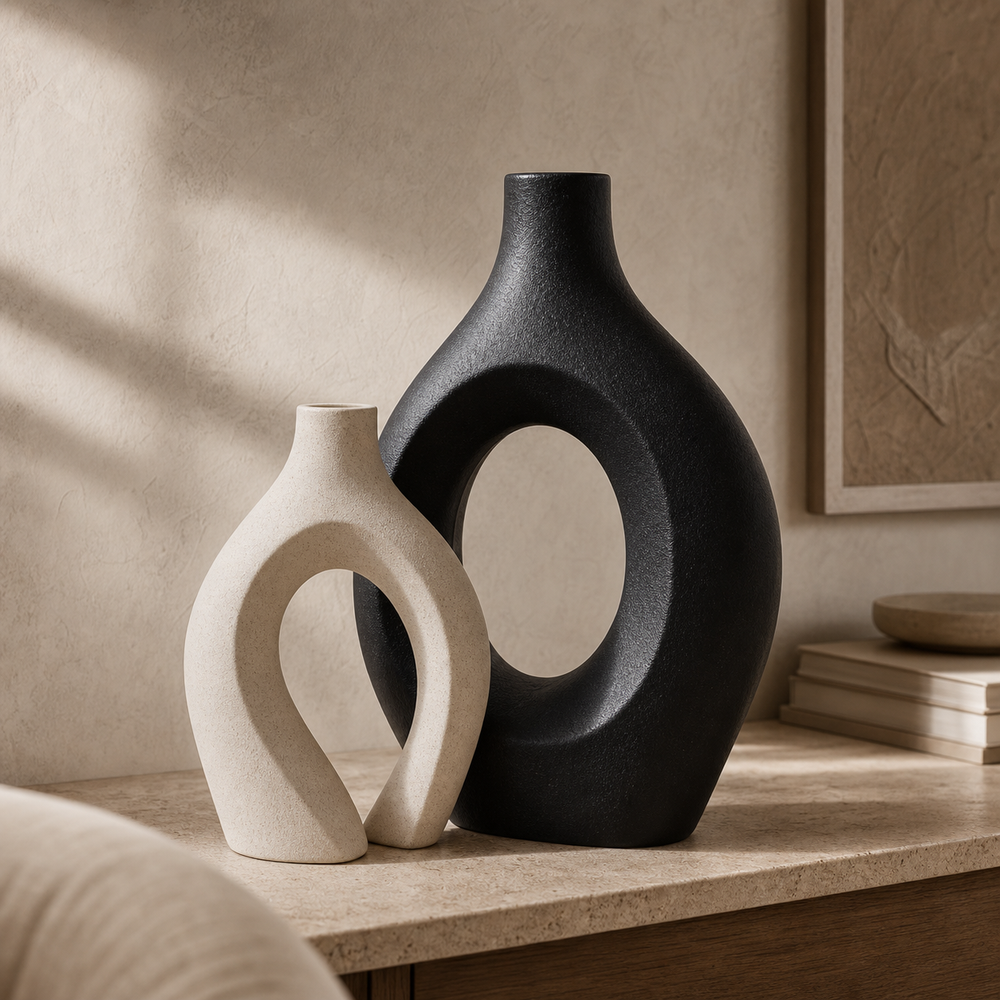 Variação decorativa com vaso nórdico preto e off white de cerâmica vazada