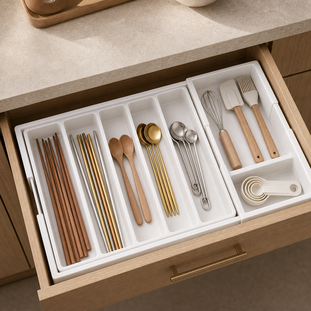 Bandeja Expansivel para Talheres de Cozinha - Variacao de uso / composicao organizacional