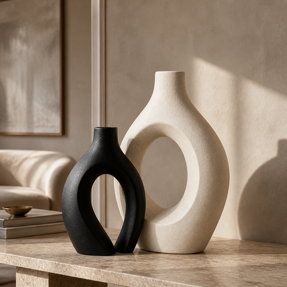 Vaso decorativo nórdico de cerâmica vazada em composição premium para sala