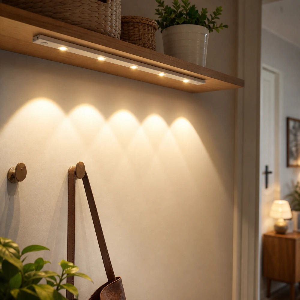 Luz LED sem fio instalada sob prateleira