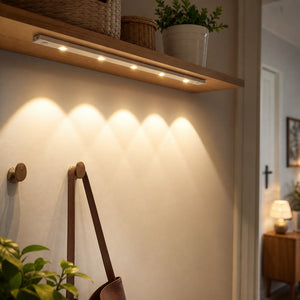 Luz LED sem fio instalada sob prateleira