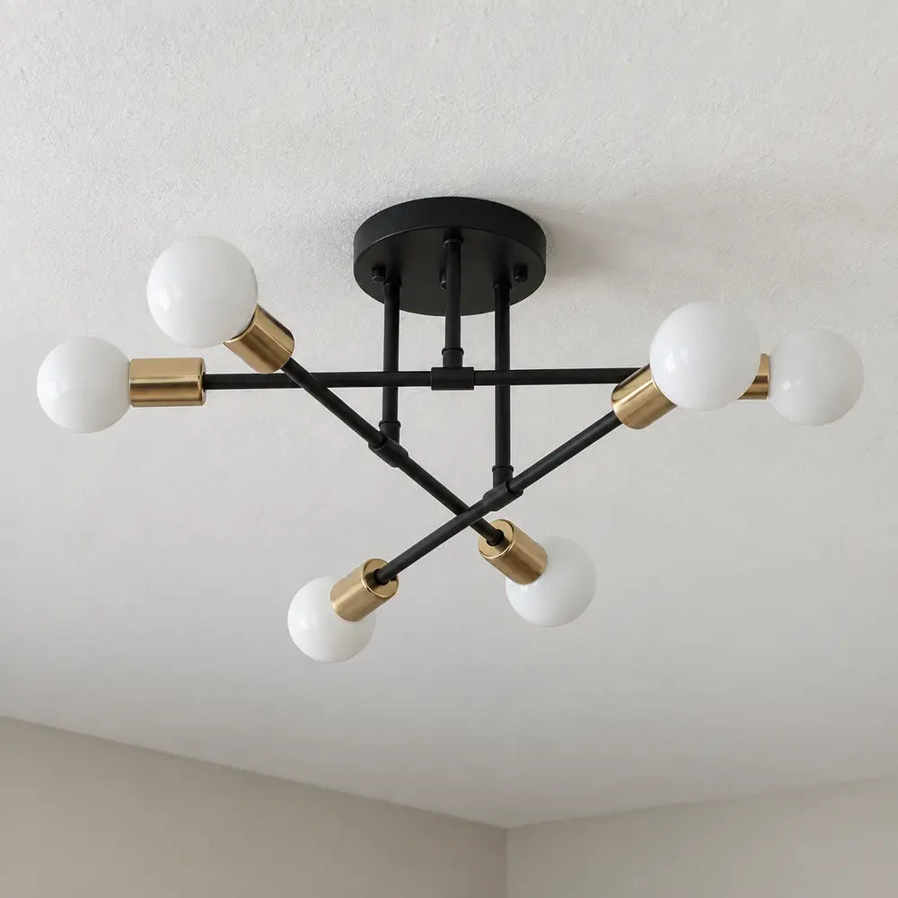Lustre de Teto Sputnik Nórdico Preto e Dourado com 6 Pontos – Viorenna