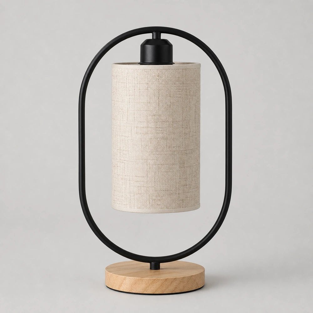 Variante preta da luminária de mesa oval com base de madeira