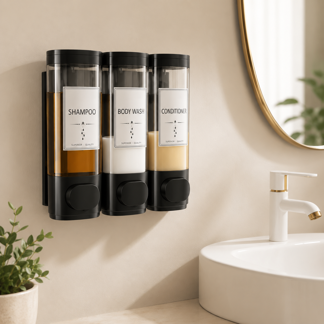 Dispenser Triplo de Parede para Shampoo e Sabonete – Viorenna