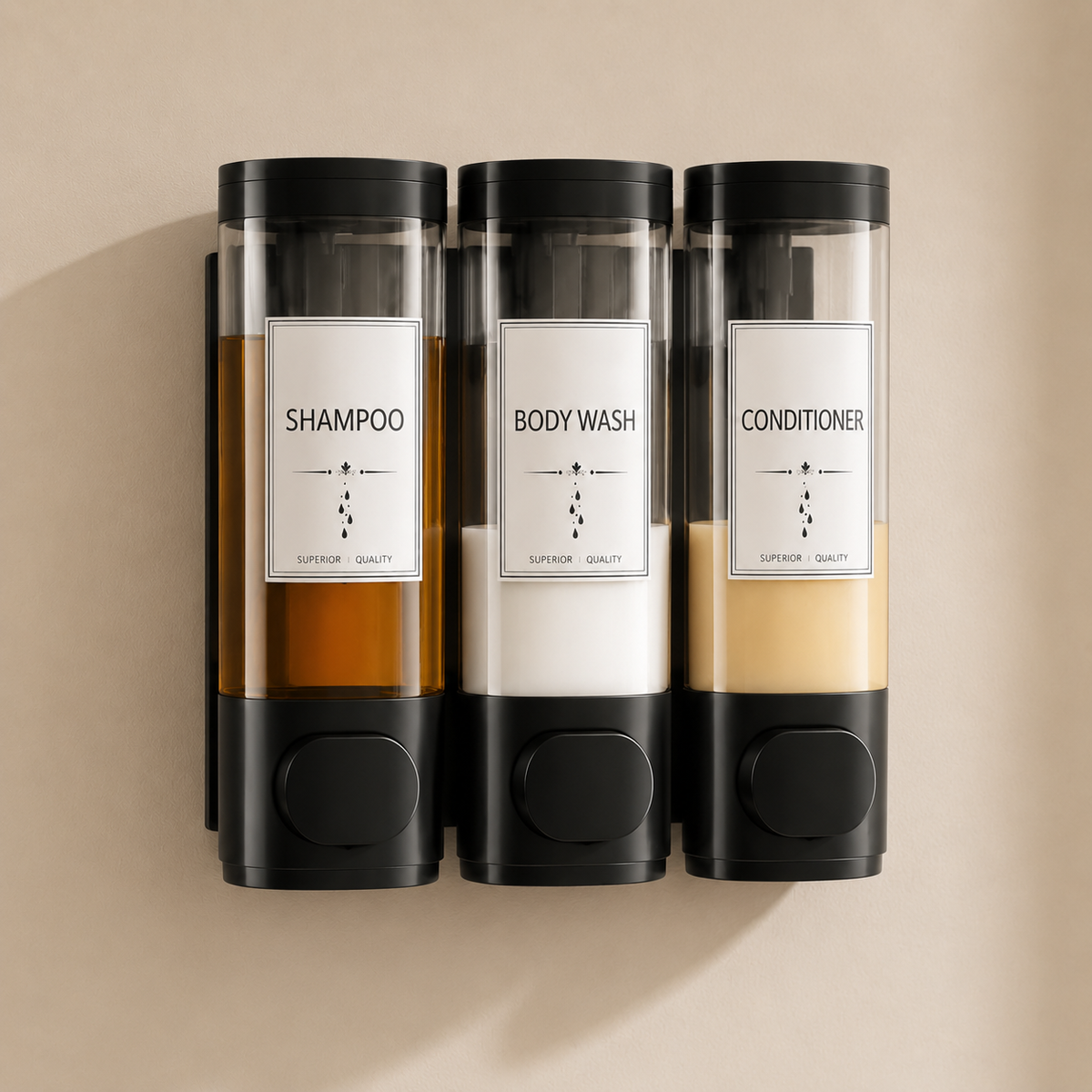 Dispenser Triplo de Parede para Shampoo e Sabonete – Viorenna