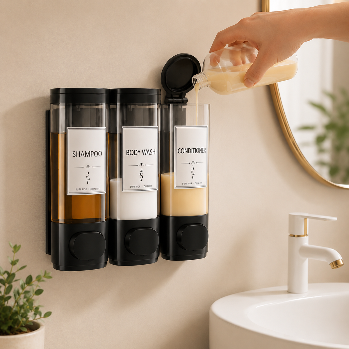 Dispenser Triplo de Parede para Shampoo e Sabonete – Viorenna
