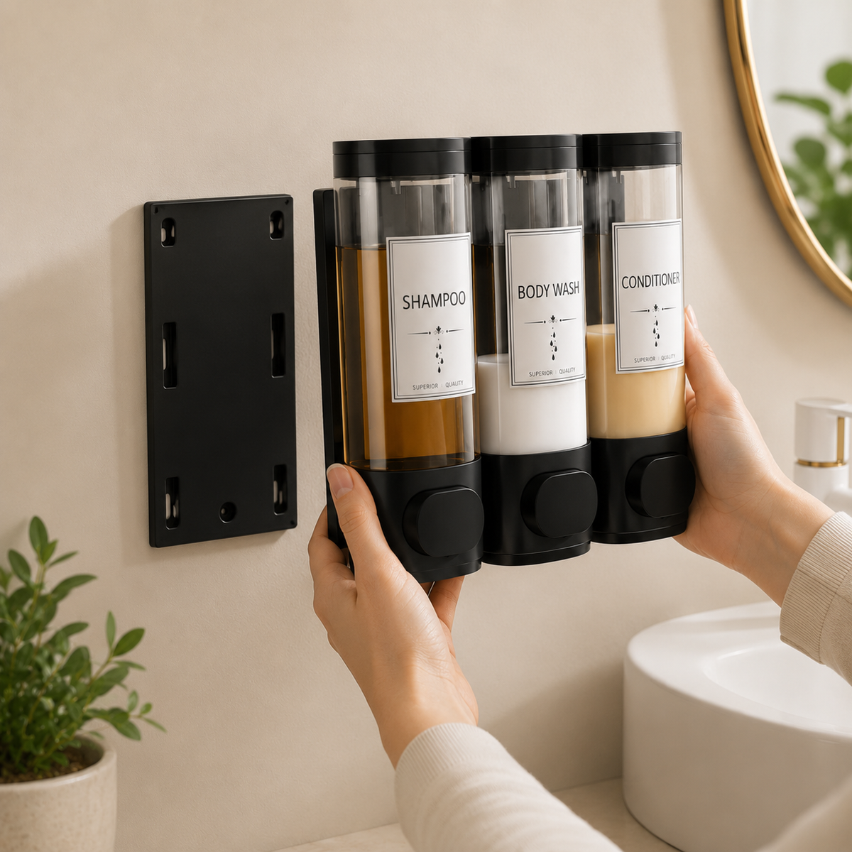 Dispenser Triplo de Parede para Shampoo e Sabonete – Viorenna