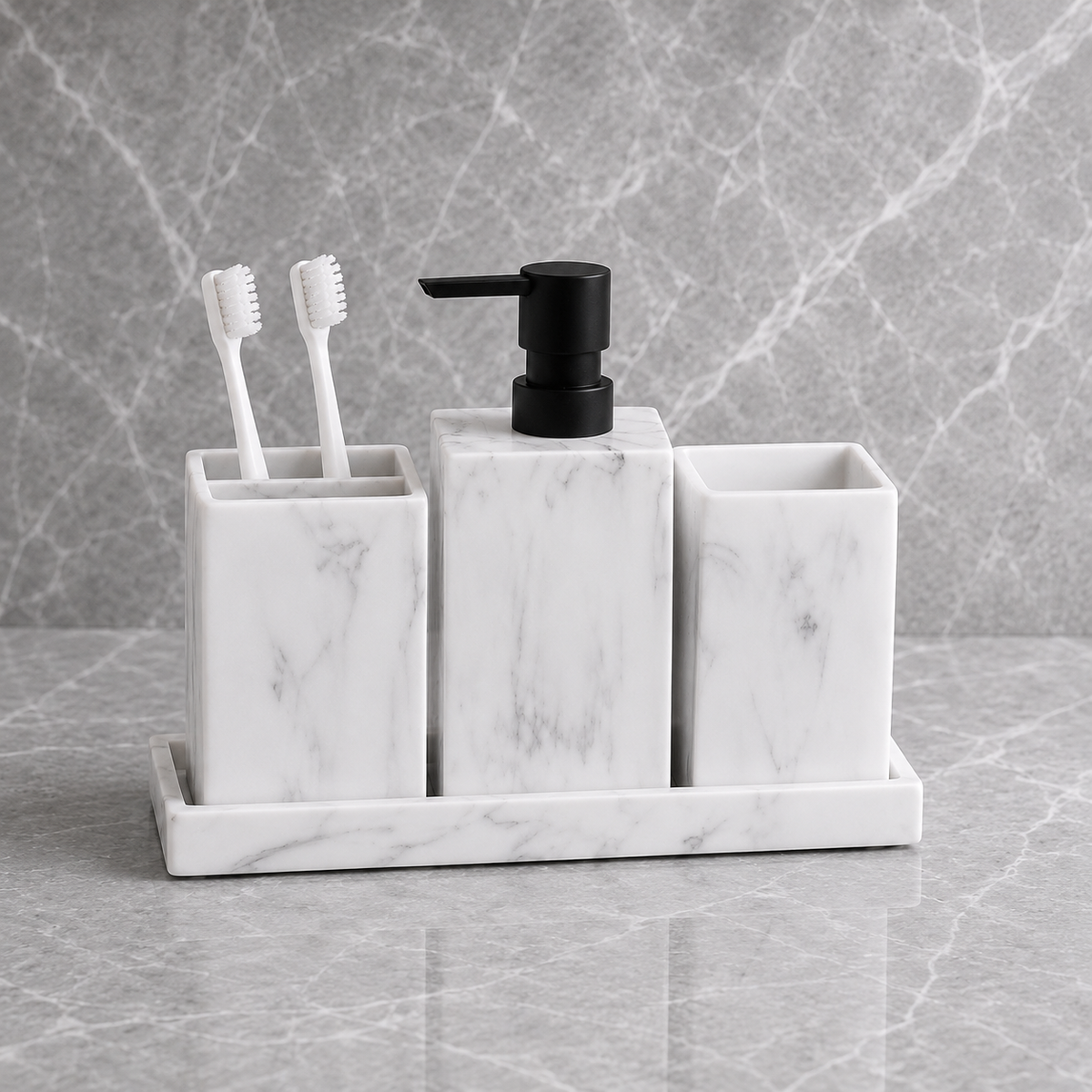 Kit Banheiro Marmorizado com Dispenser e Bandeja – Viorenna