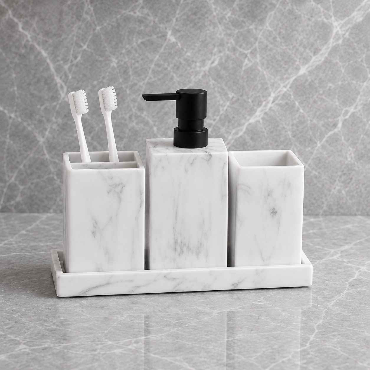 Kit Banheiro Marmorizado com Dispenser e Bandeja – Viorenna