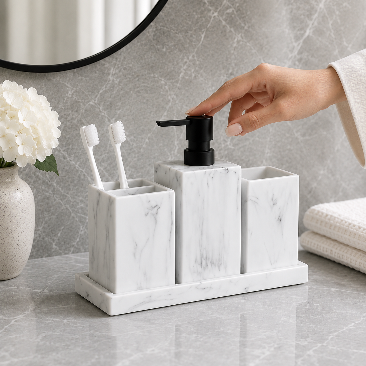 Kit Banheiro Marmorizado com Dispenser e Bandeja – Viorenna