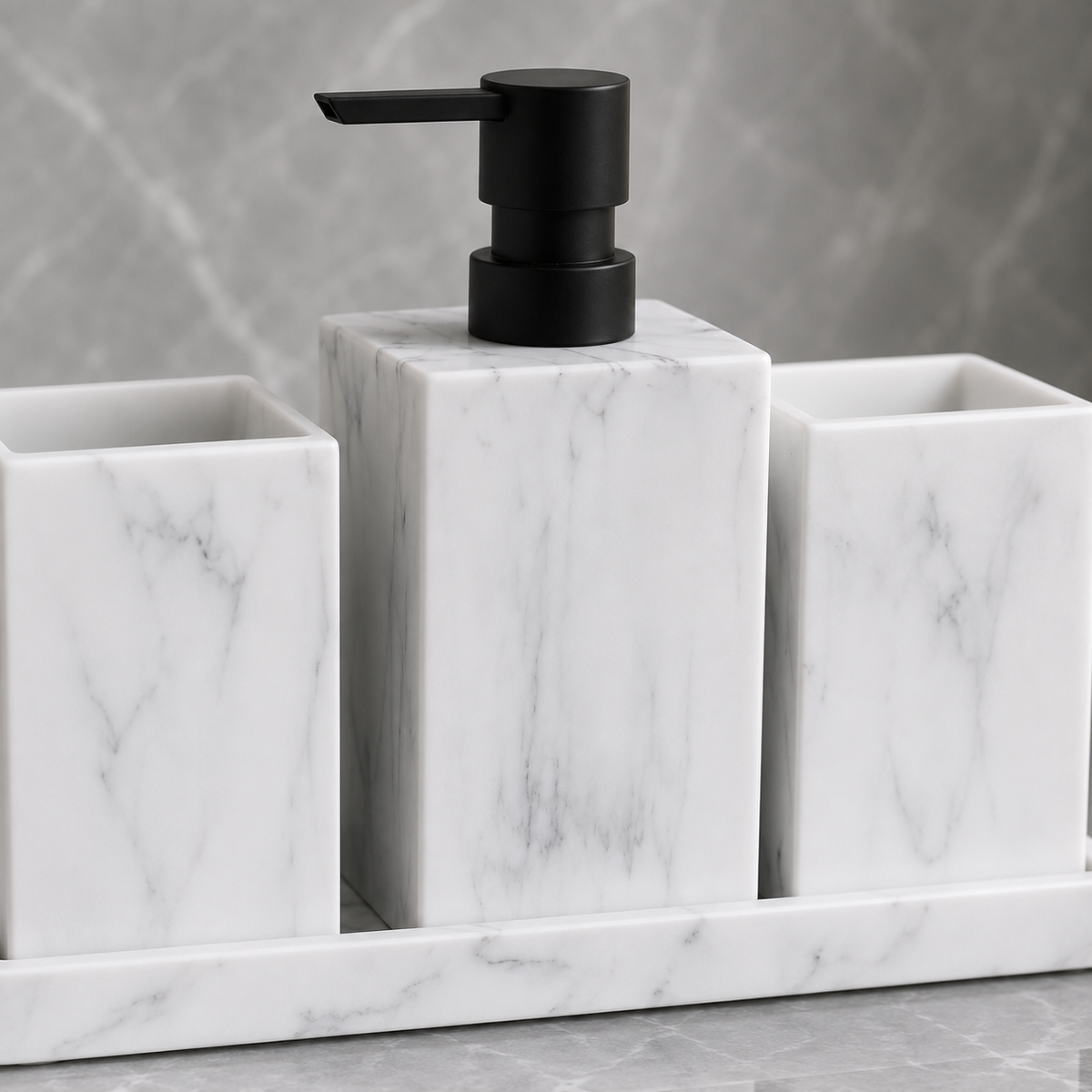 Kit Banheiro Marmorizado com Dispenser e Bandeja – Viorenna