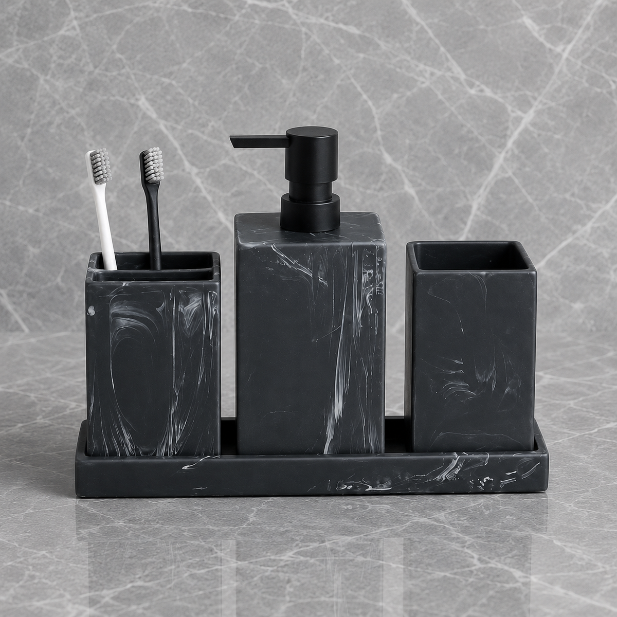 Kit Banheiro Marmorizado com Dispenser e Bandeja – Viorenna