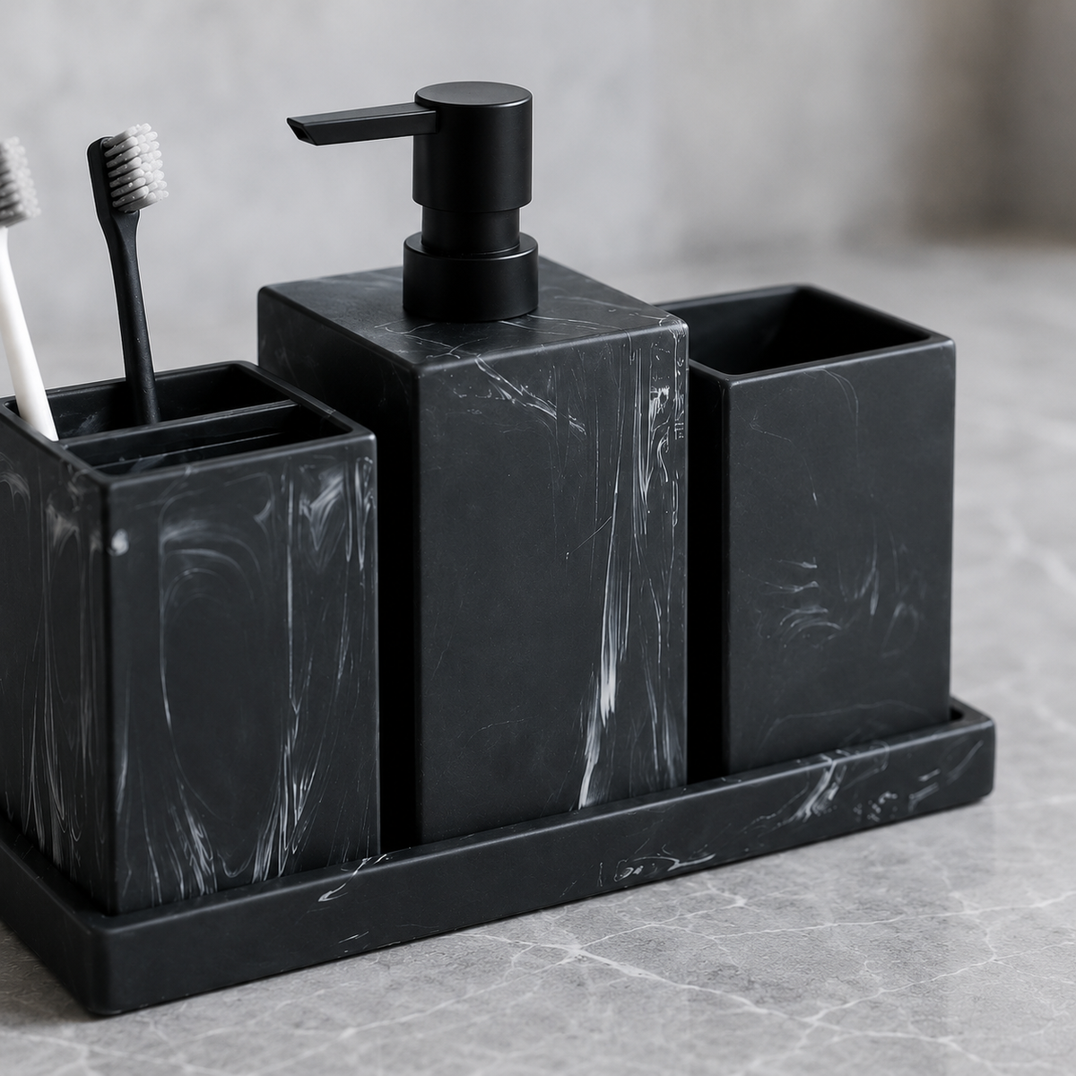 Kit Banheiro Marmorizado com Dispenser e Bandeja – Viorenna
