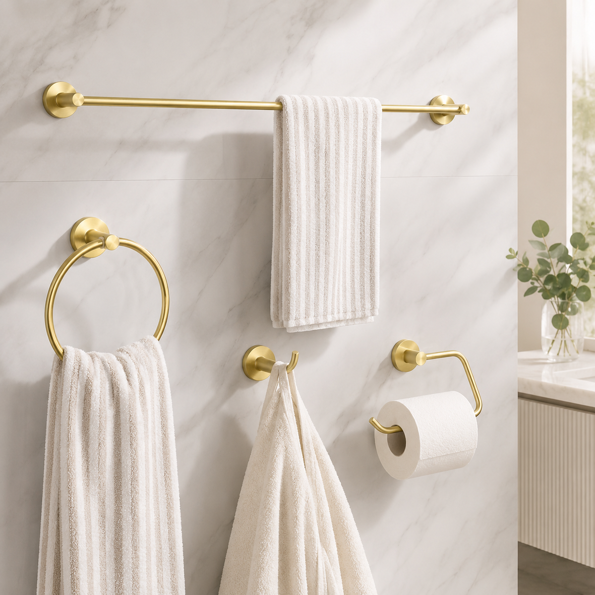 Kit de Acessórios para Banheiro Dourado Escovado – Viorenna