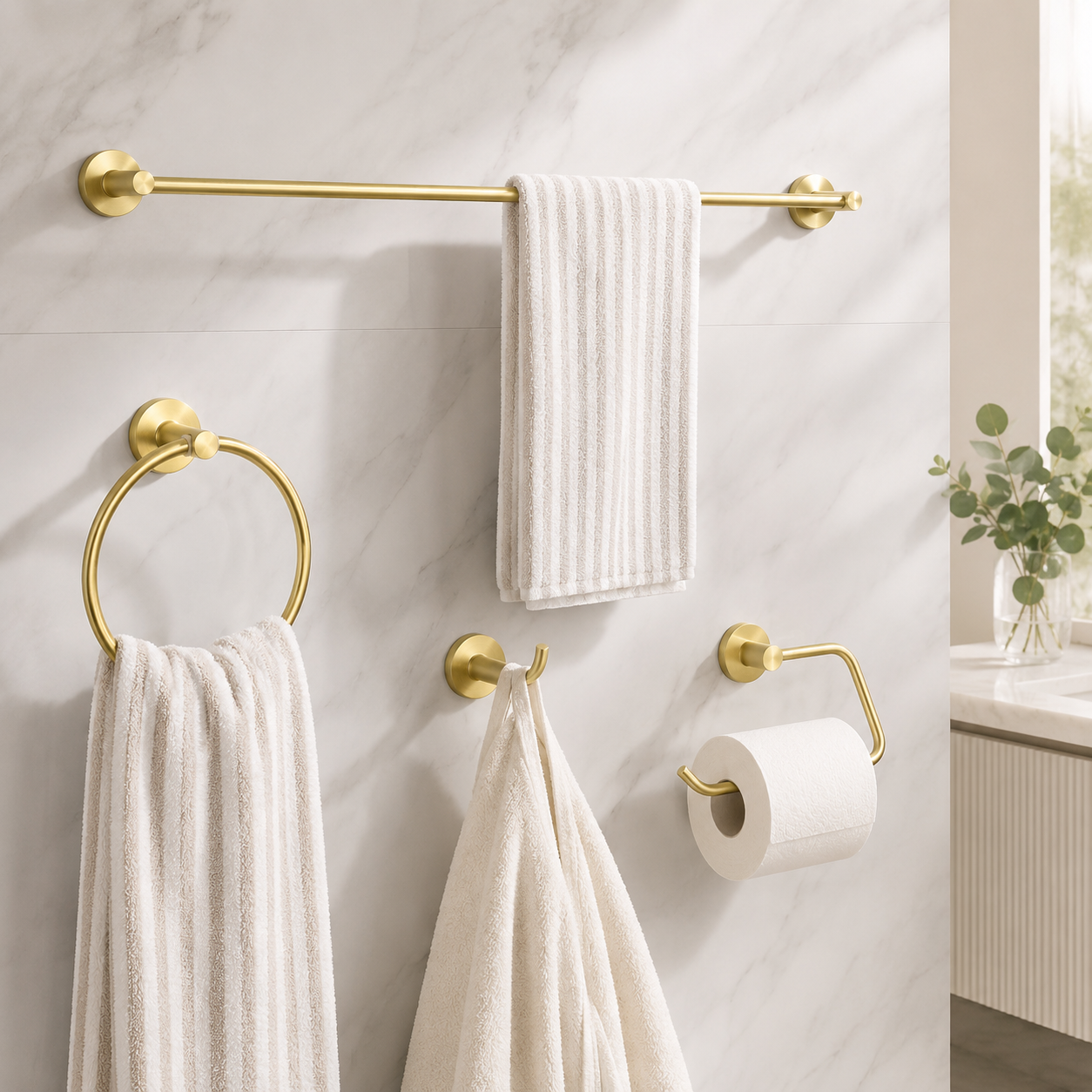 Kit de Acessórios para Banheiro Dourado Escovado – Viorenna