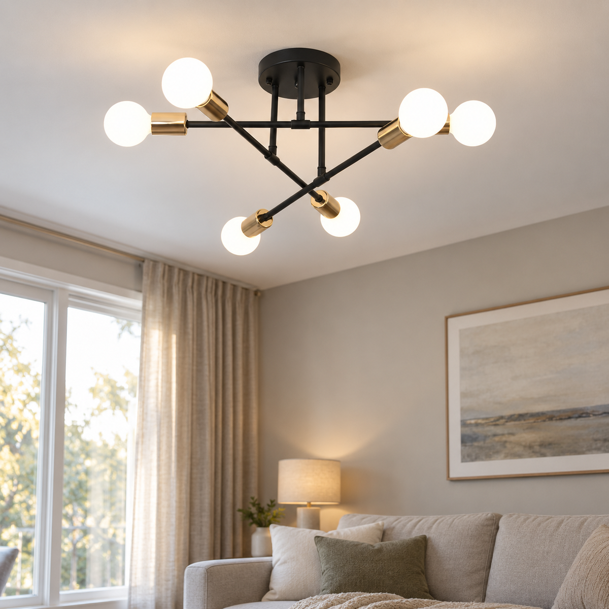 Lustre de Teto Sputnik Nórdico Preto e Dourado com 6 Pontos – Viorenna