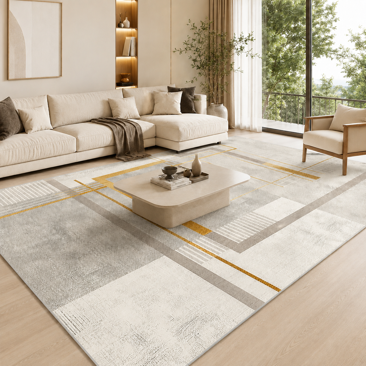 Tapete Geométrico Dourado para Sala Grande 200x300 – Viorenna