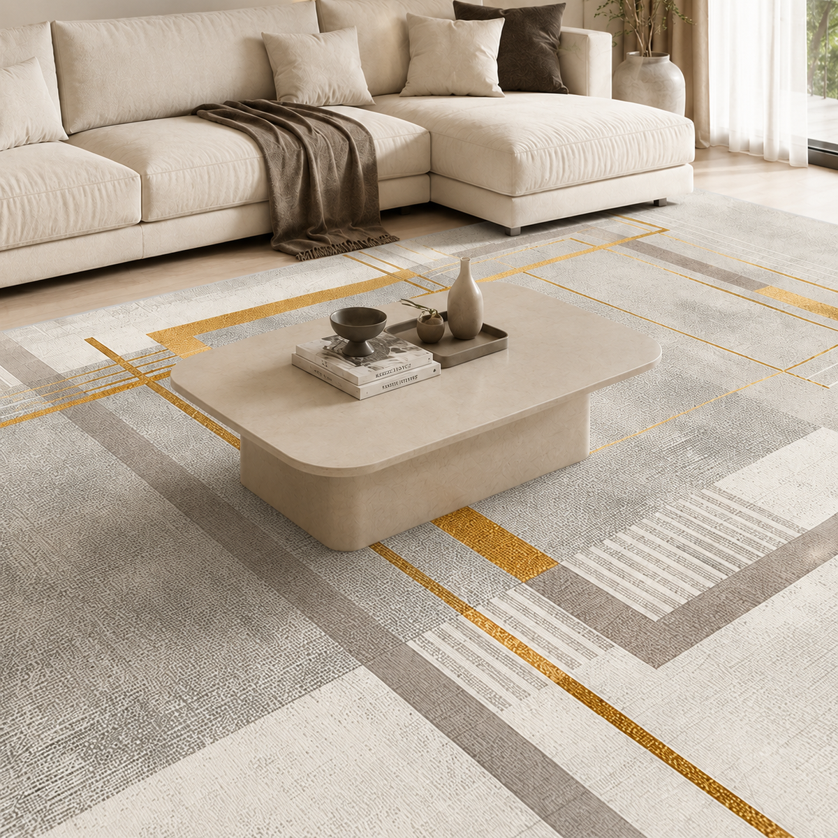 Tapete Geométrico Dourado para Sala Grande 200x300 – Viorenna