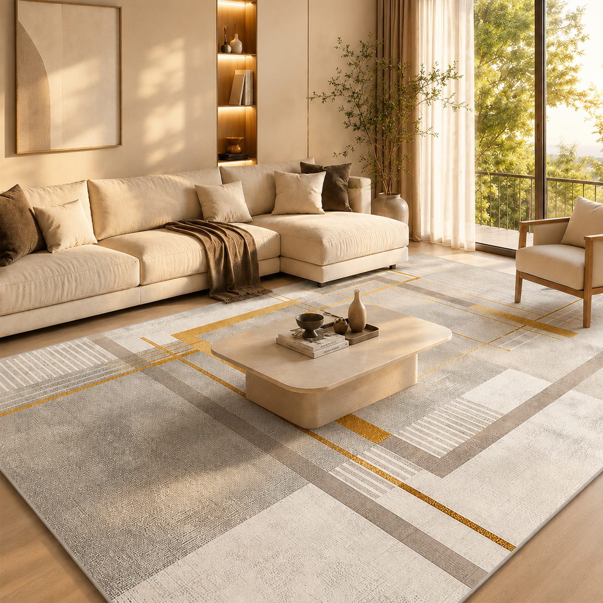 Tapete Geométrico Dourado para Sala Grande 200x300 – Viorenna