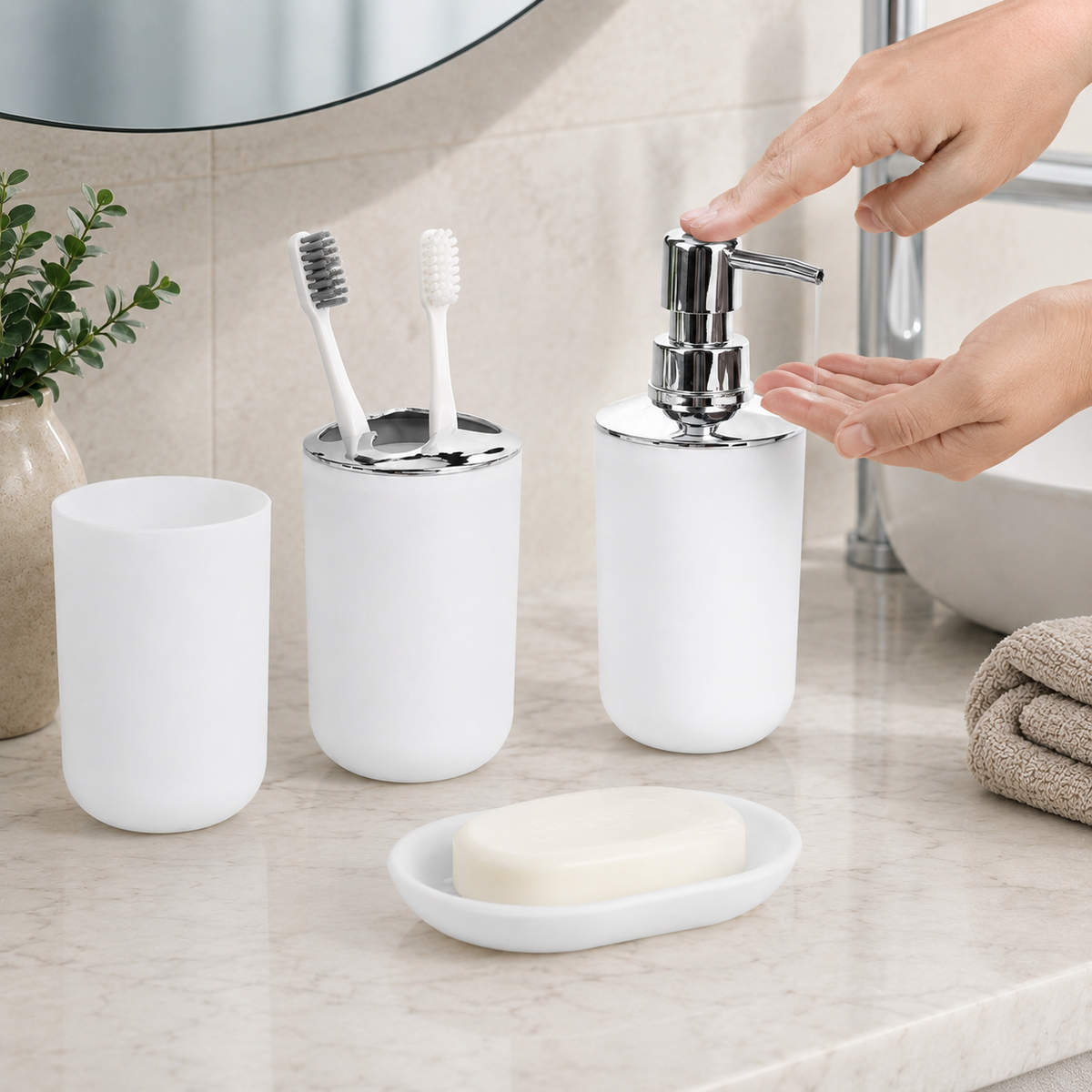 Kit Banheiro com Dispenser e Porta Escovas – Viorenna