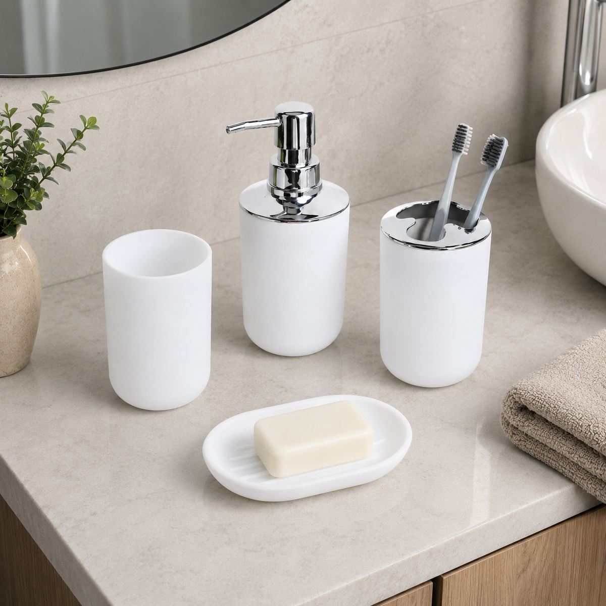 Kit Banheiro com Dispenser e Porta Escovas – Viorenna
