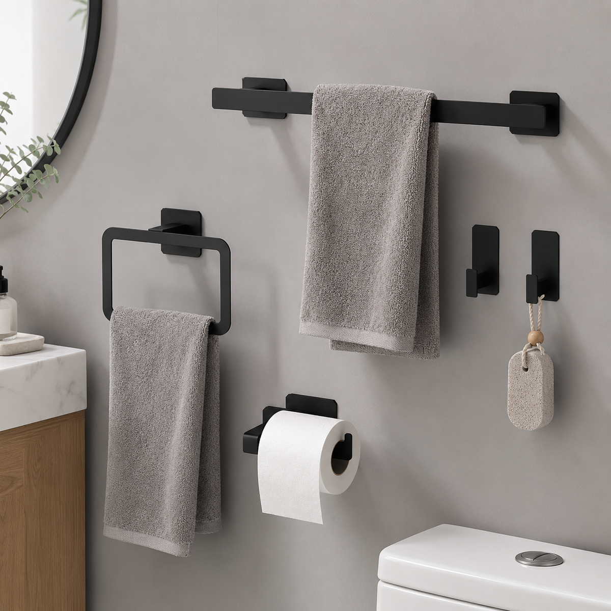 Kit de Acessórios para Banheiro Preto Fosco sem Furo – Viorenna