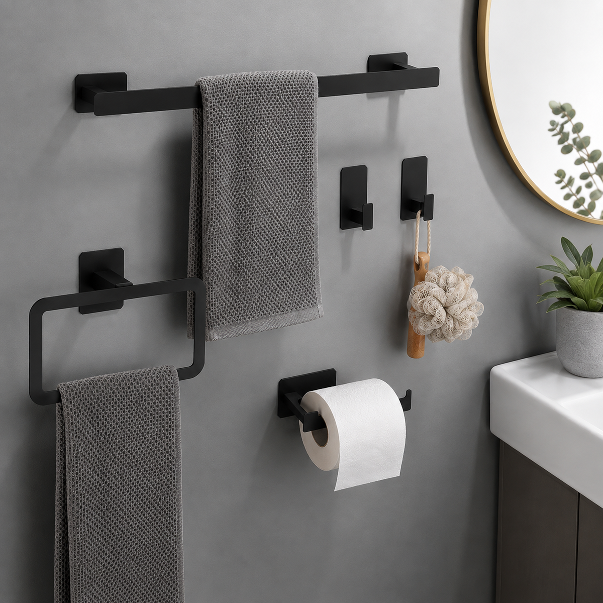 Kit de Acessórios para Banheiro Preto Fosco sem Furo – Viorenna