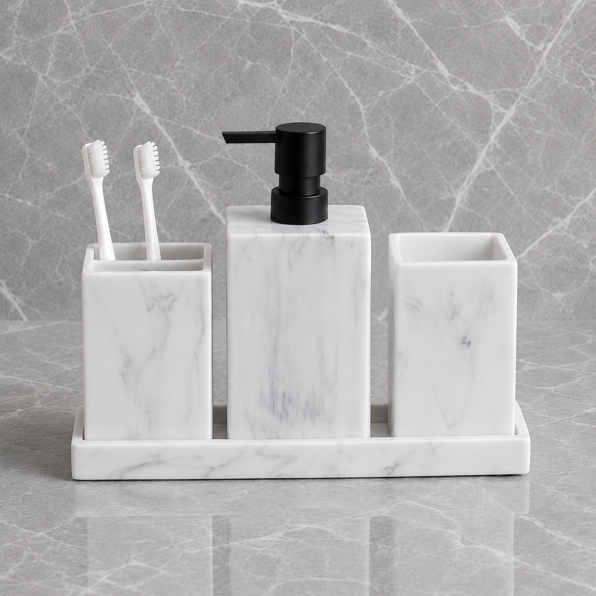 Kit Banheiro Marmorizado com Dispenser e Bandeja – Viorenna