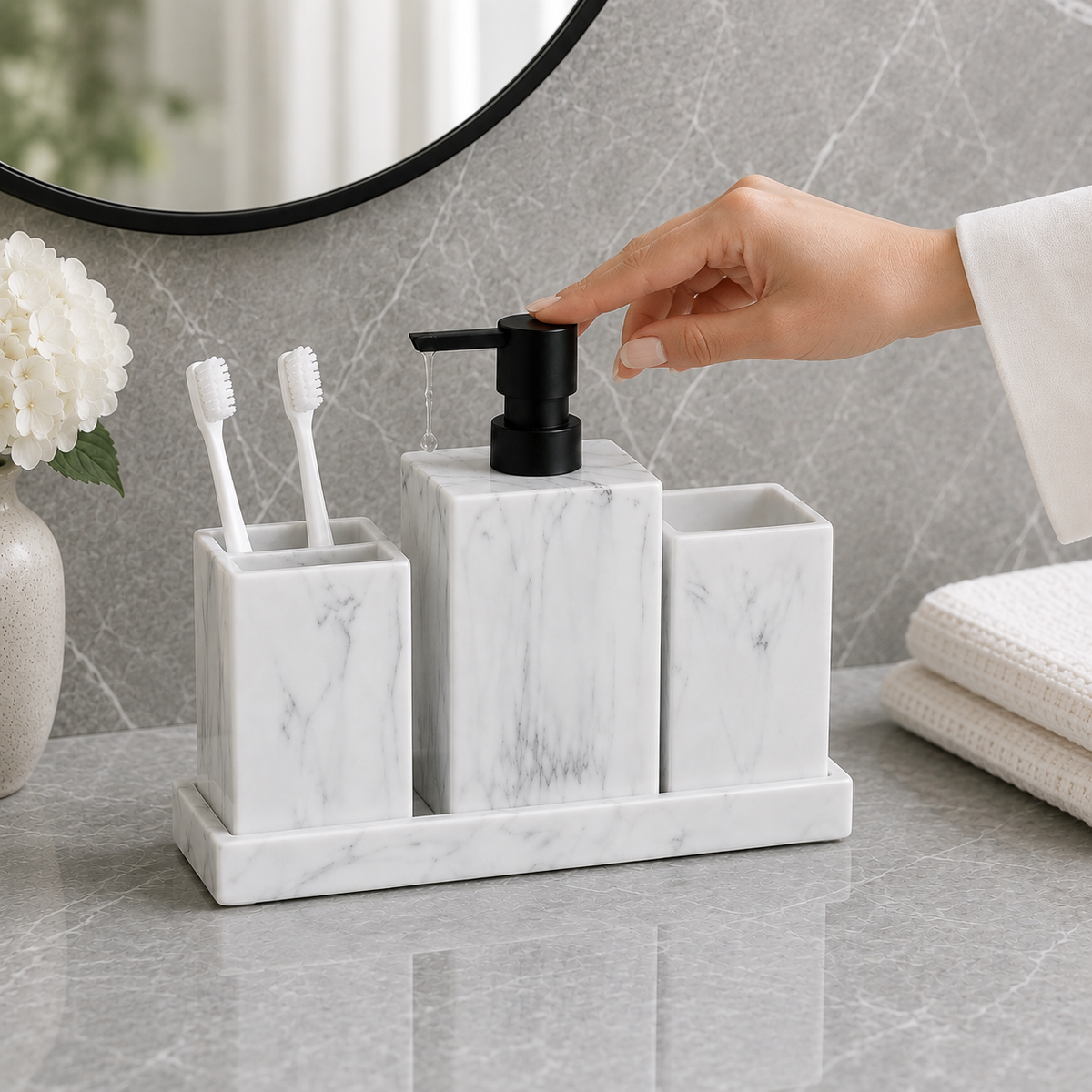 Kit Banheiro Marmorizado com Dispenser e Bandeja – Viorenna
