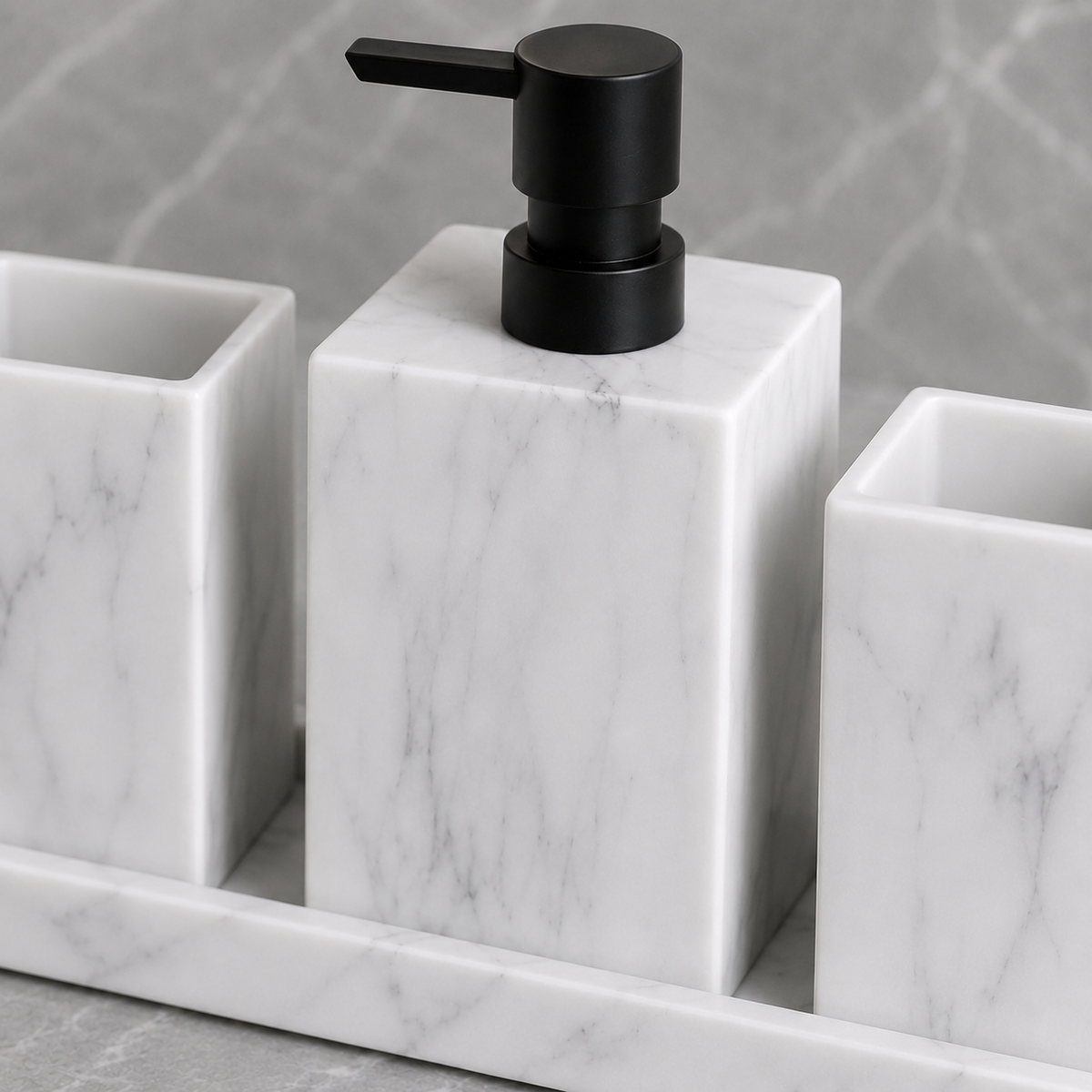 Kit Banheiro Marmorizado com Dispenser e Bandeja – Viorenna