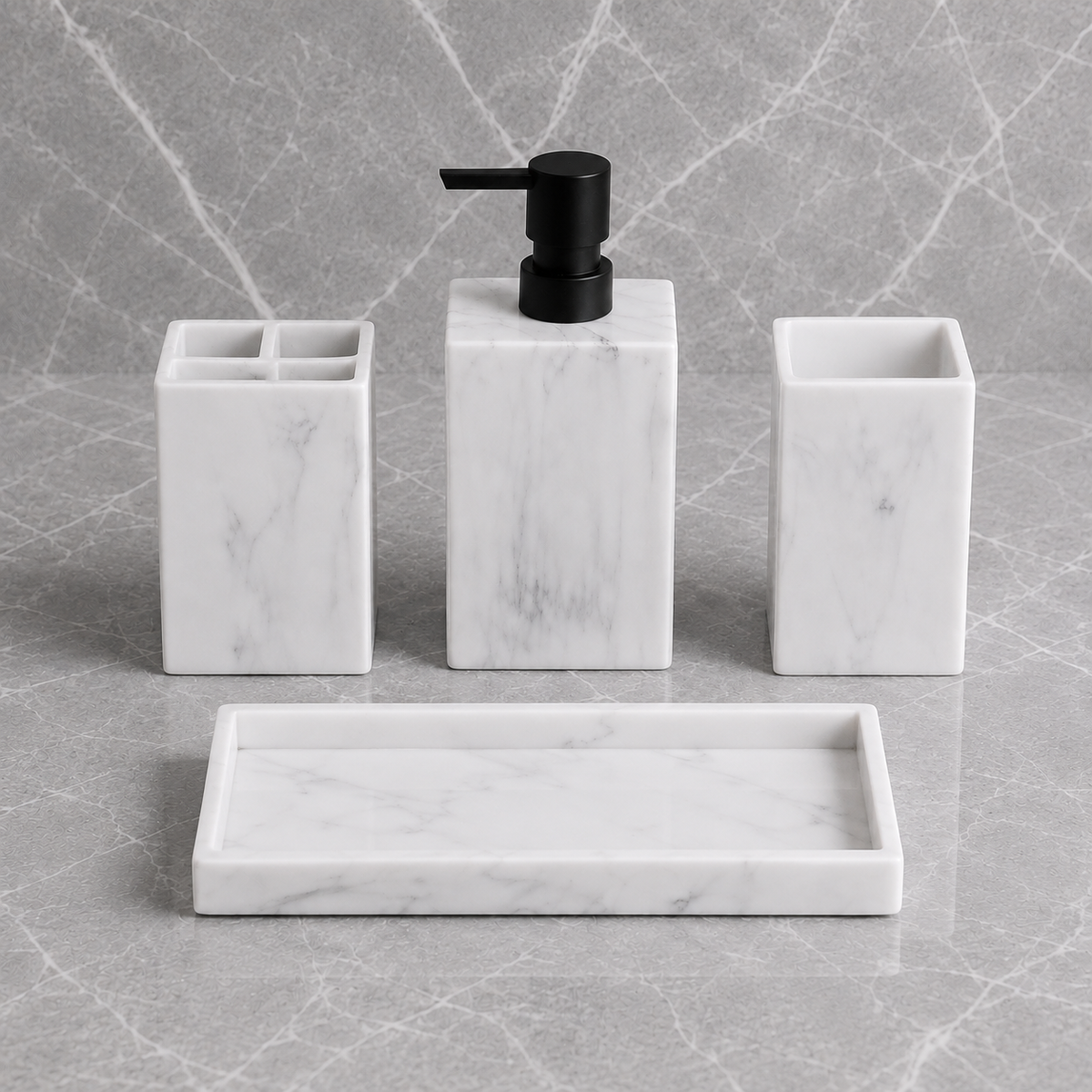 Kit Banheiro Marmorizado com Dispenser e Bandeja – Viorenna