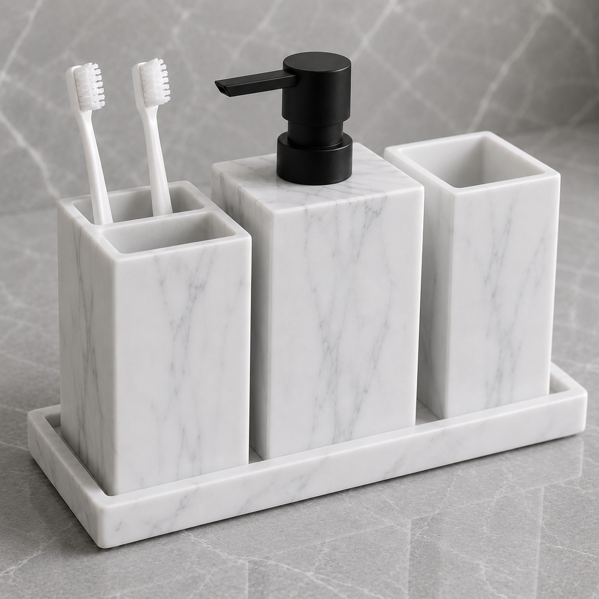 Kit Banheiro Marmorizado com Dispenser e Bandeja – Viorenna
