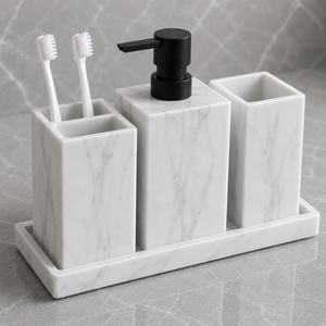 Kit Banheiro Marmorizado com Dispenser e Bandeja – Viorenna
