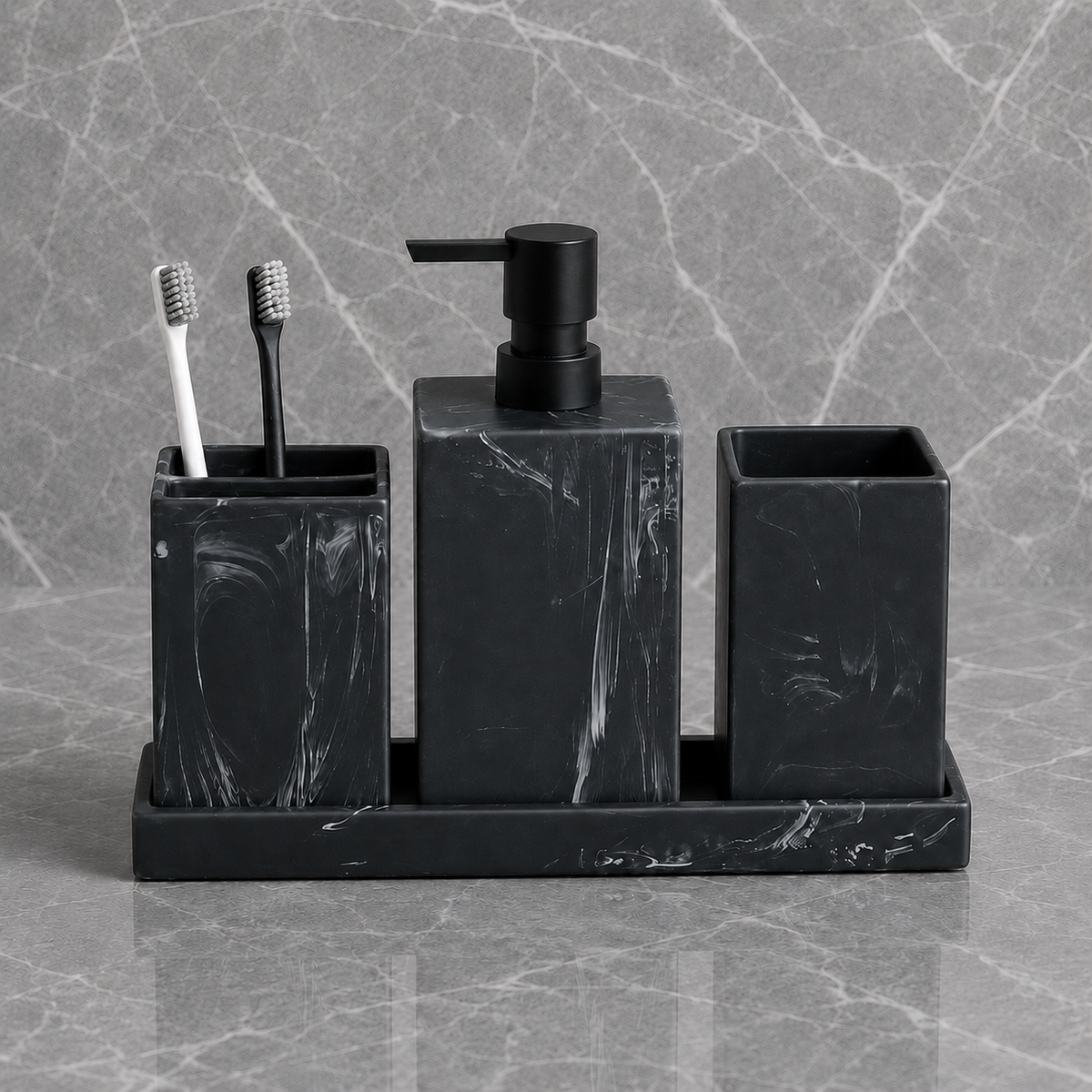 Kit Banheiro Marmorizado com Dispenser e Bandeja – Viorenna