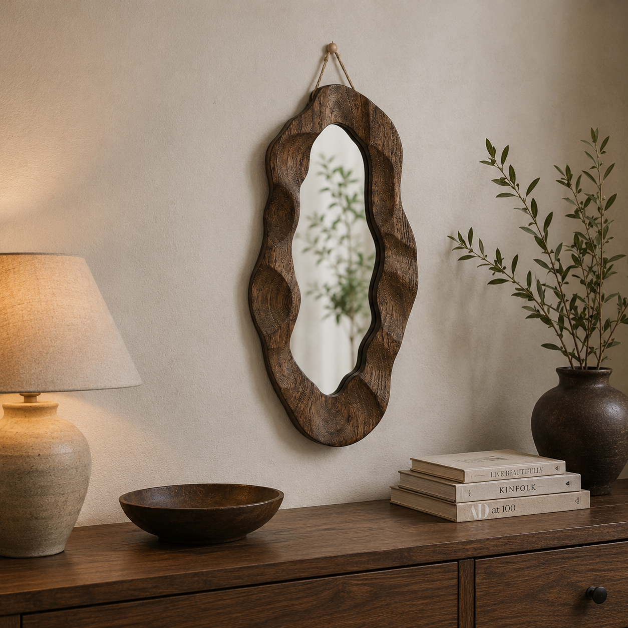 Espelho Decorativo Assimétrico com Moldura de Madeira – Viorenna