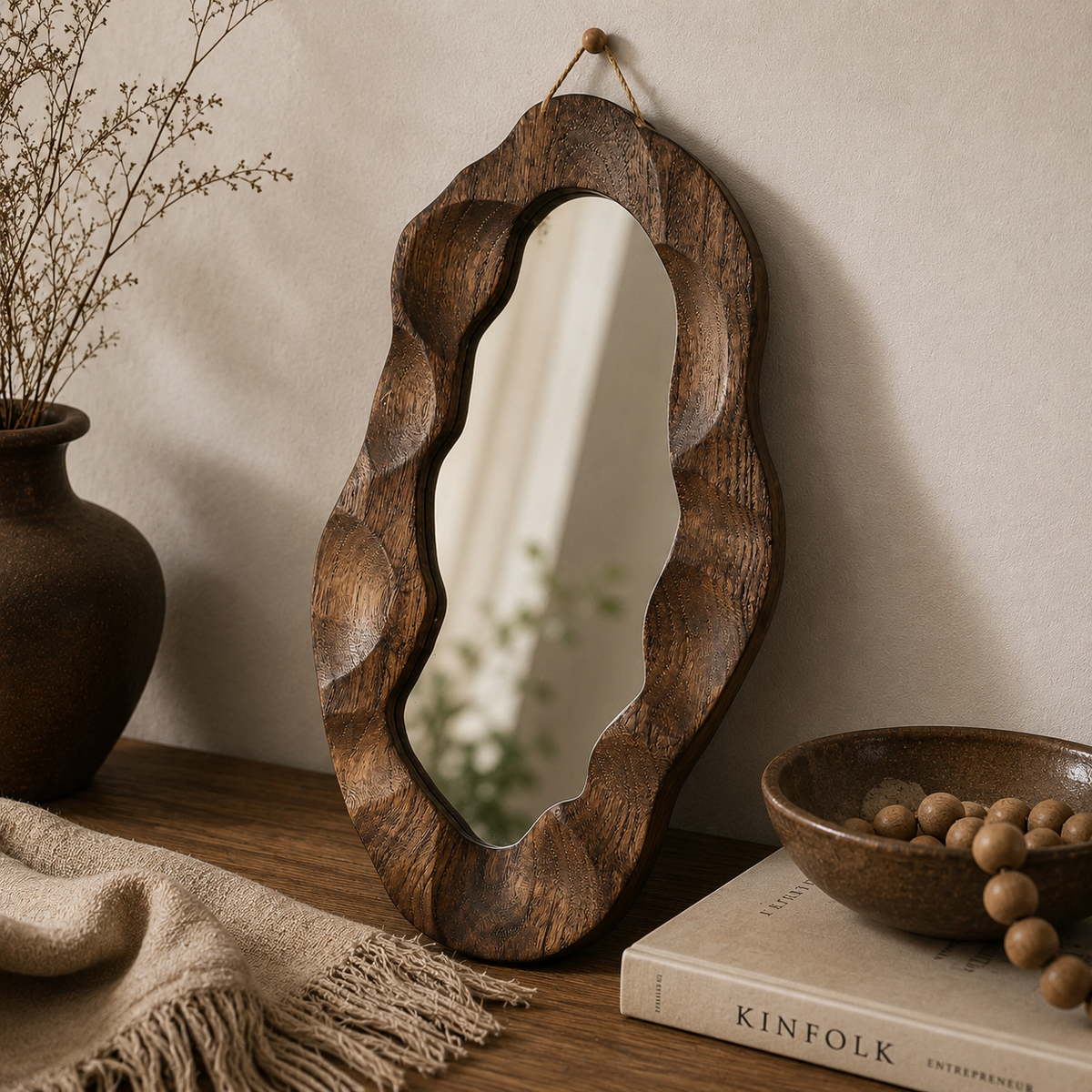 Espelho Decorativo Assimétrico com Moldura de Madeira – Viorenna