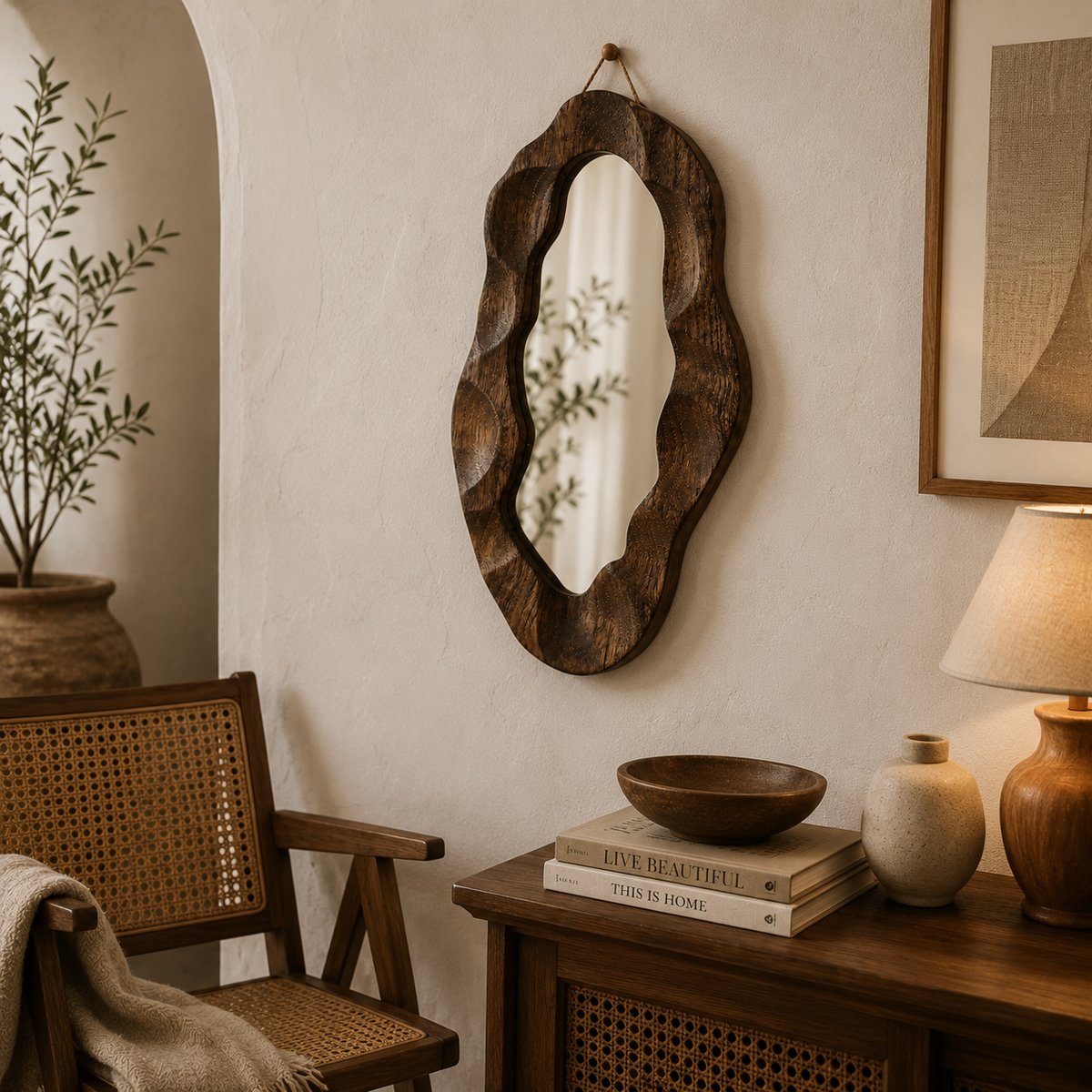 Espelho Decorativo Assimétrico com Moldura de Madeira – Viorenna