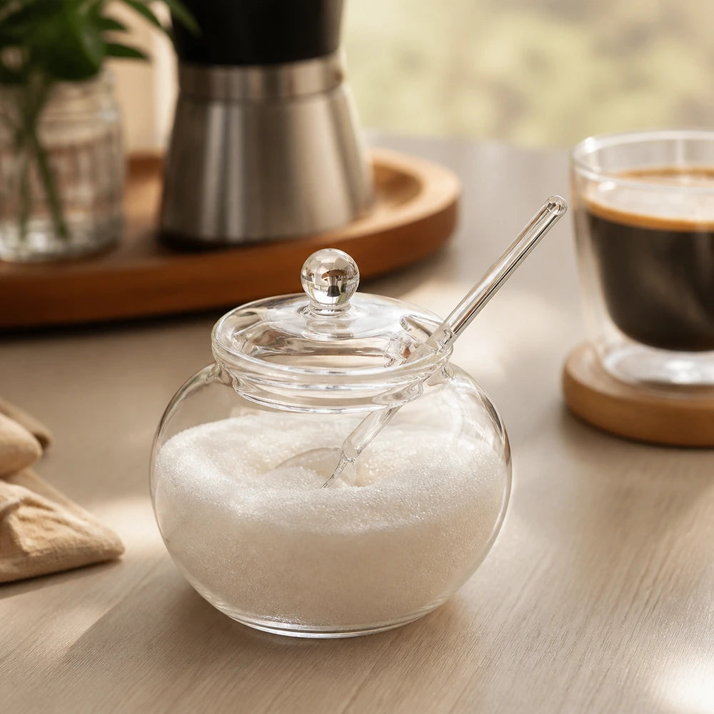 Açucareiro de vidro transparente com colher em canto de café