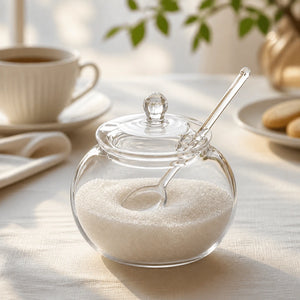 Açucareiro de vidro em mesa de chá e café