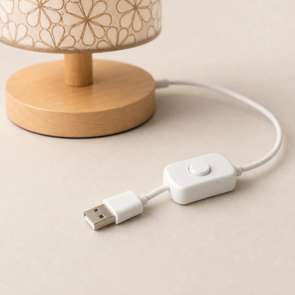 Cabo de alimentação USB e interruptor de botão da luminária de mesa floral