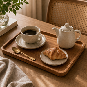 Bandeja de Madeira para Servir Café e Chá em imagem uso real premium - Viorenna