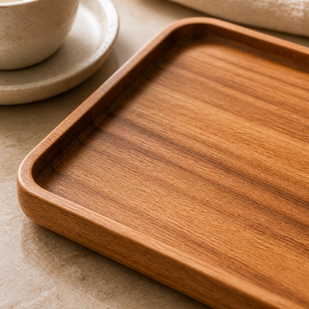 Bandeja de Madeira para Servir Café e Chá em imagem close material premium - Viorenna