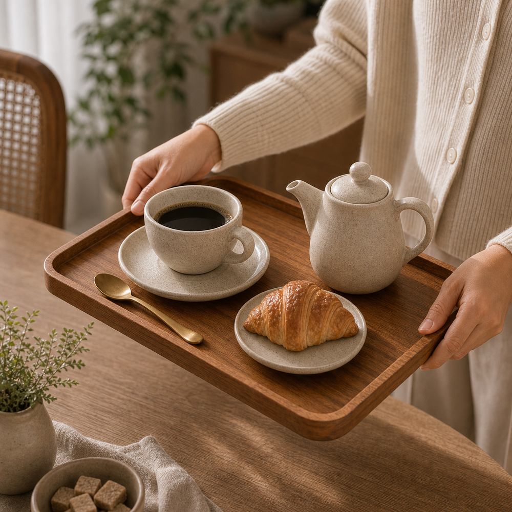Bandeja de Madeira para Servir Café e Chá em imagem detalhe funcional premium - Viorenna