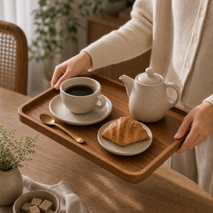 Bandeja de Madeira para Servir Café e Chá em imagem detalhe funcional premium - Viorenna